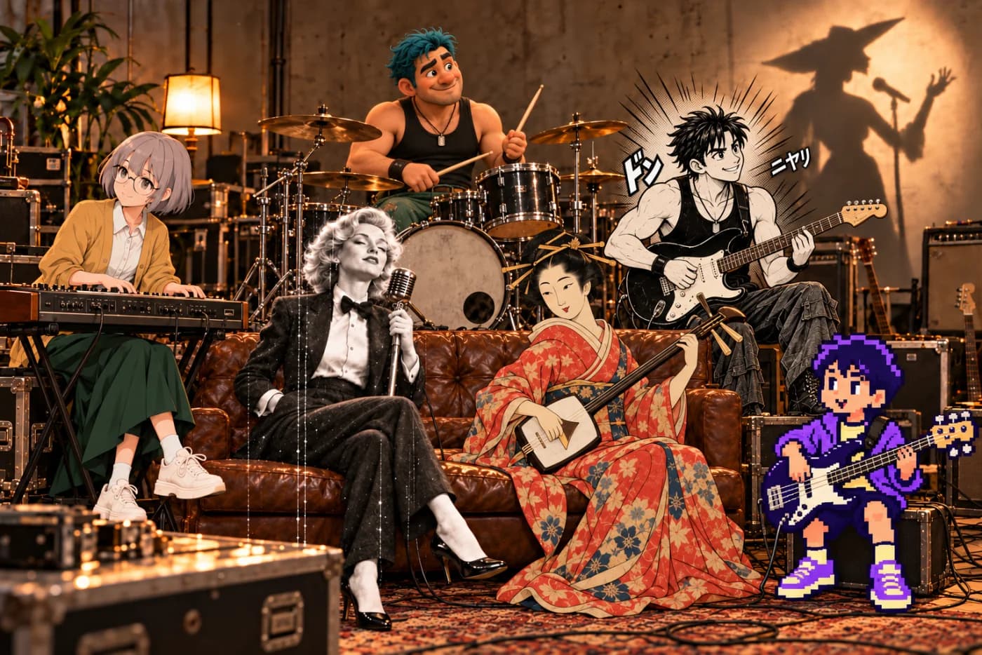 Celia, Bo, Vera, Kai, Kinu, Pip and Echo together in ROOM ZERO, each retaining their own visual medium
