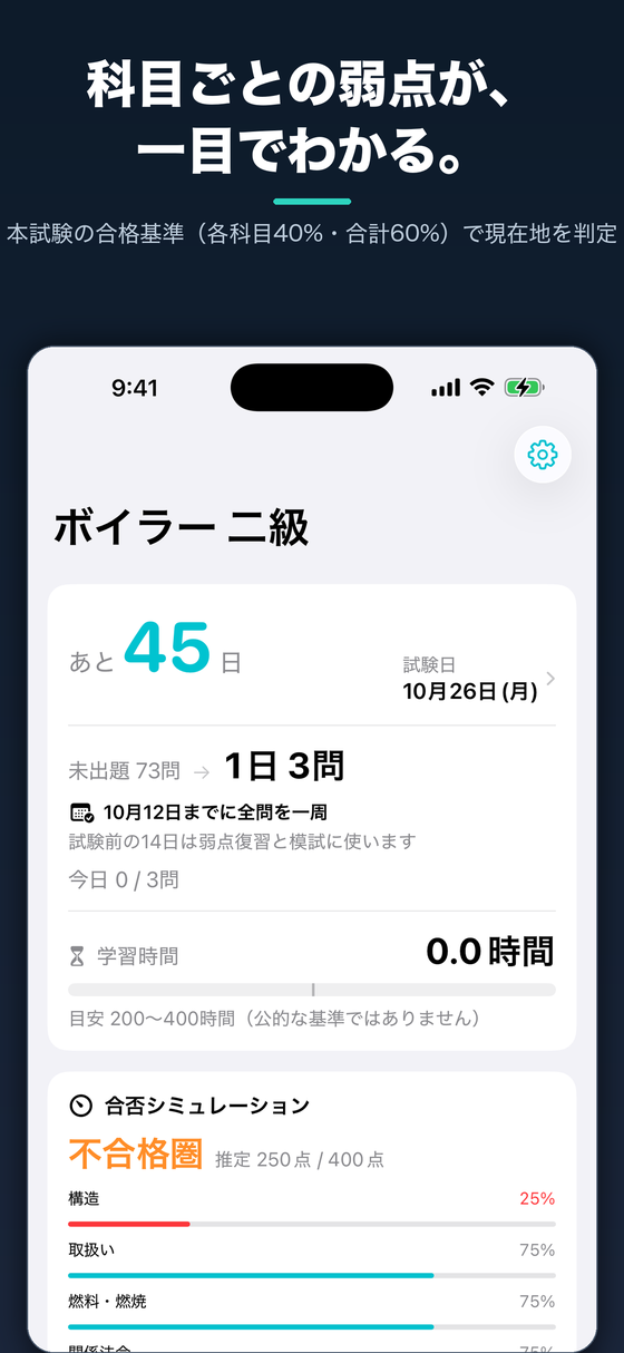 二級ボイラー技士アプリのホーム画面